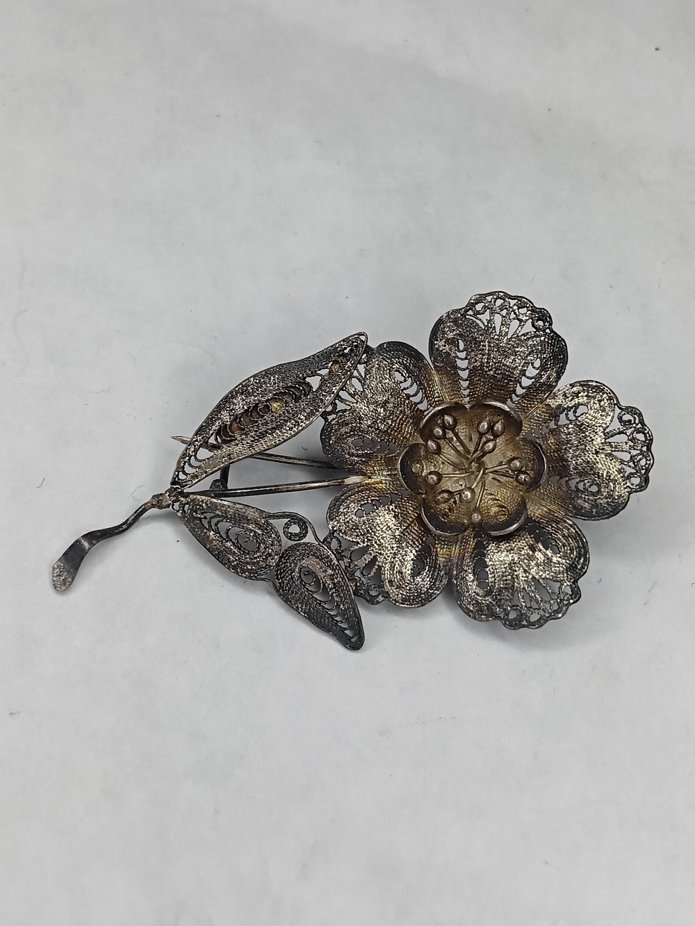 Vintage Italian 800 Silver Filigree Flower Brooch - Signed COMO Mid-Century